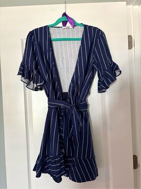 Wayf Navy Blue and White Striped Mini Wrap Dress